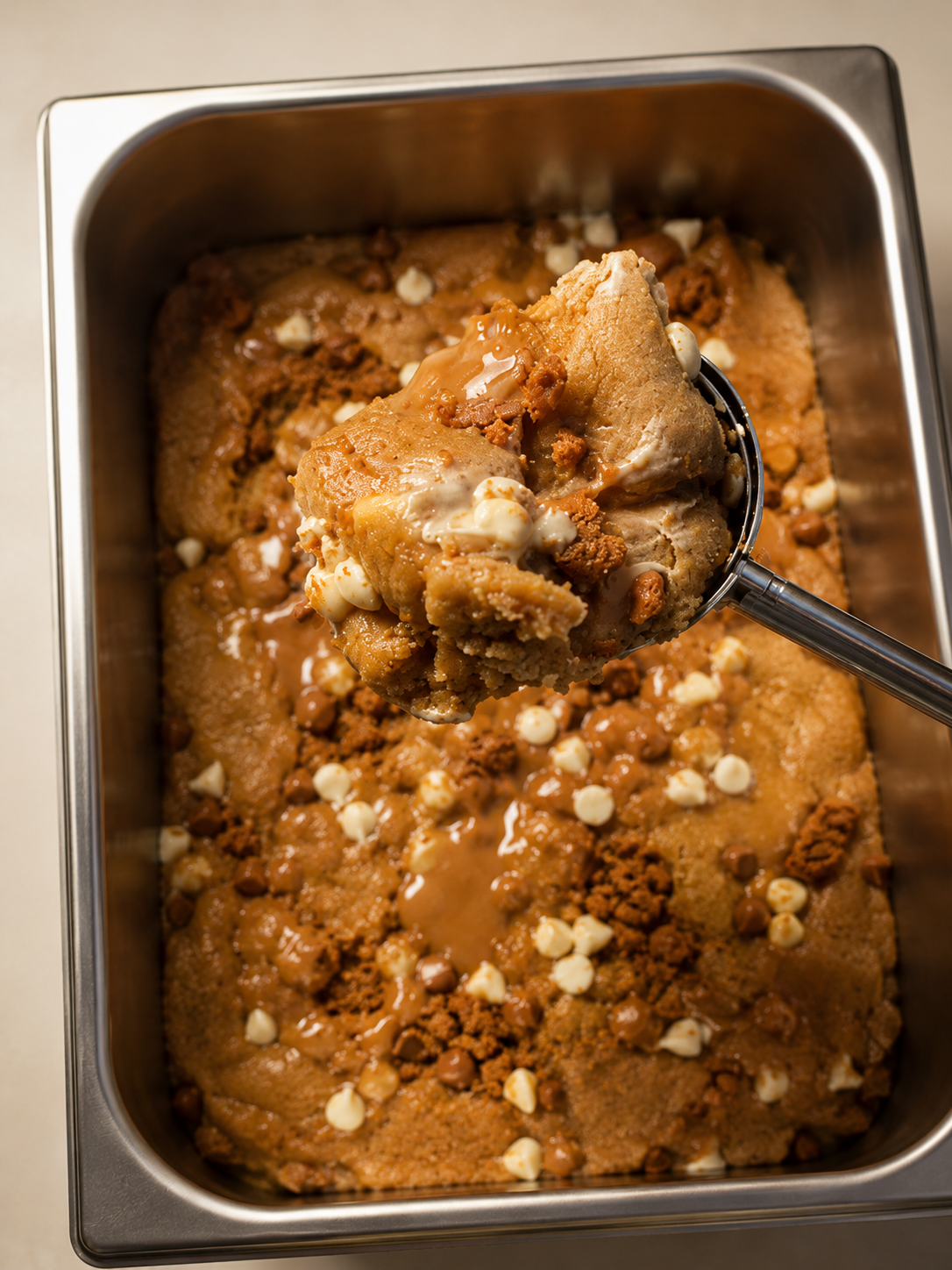 Scoop av varm Biscoff-cookie ur serveringsbleck